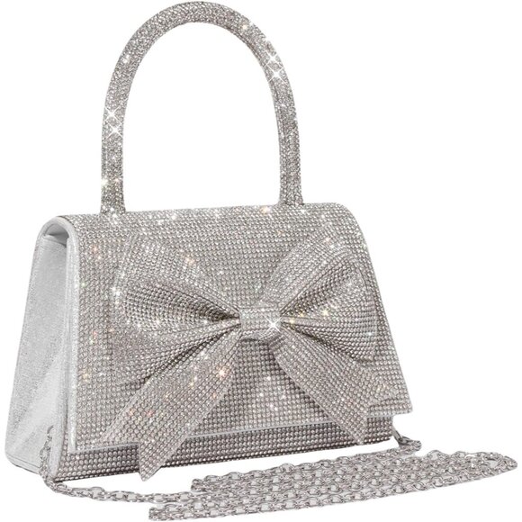 Evening Clutch Purse for Women Sparkly Bow Glitter Wedding Party Silver Bag - Picture 1 of 9
